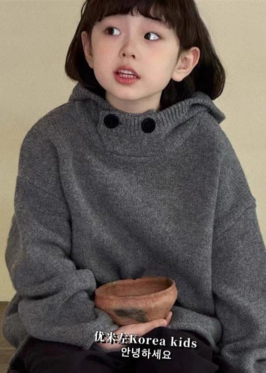 Dark Grey Thick Patchwork Cotton Knit Kids Hooded Sweater Spring Tp034