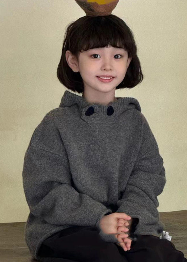 Dark Grey Thick Patchwork Cotton Knit Kids Hooded Sweater Spring Tp034
