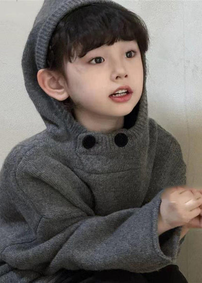 Dark Grey Thick Patchwork Cotton Knit Kids Hooded Sweater Spring Tp034