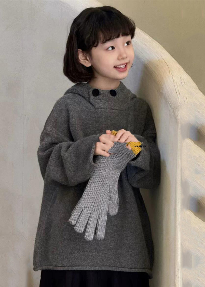 Dark Grey Thick Patchwork Cotton Knit Kids Hooded Sweater Spring Tp034