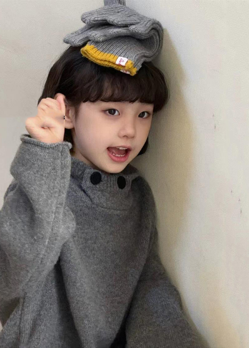 Dark Grey Thick Patchwork Cotton Knit Kids Hooded Sweater Spring Tp034