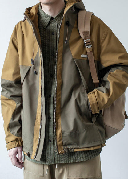 Cotton Khaki Patchwork Hooded Coat Dark Pockets Spring