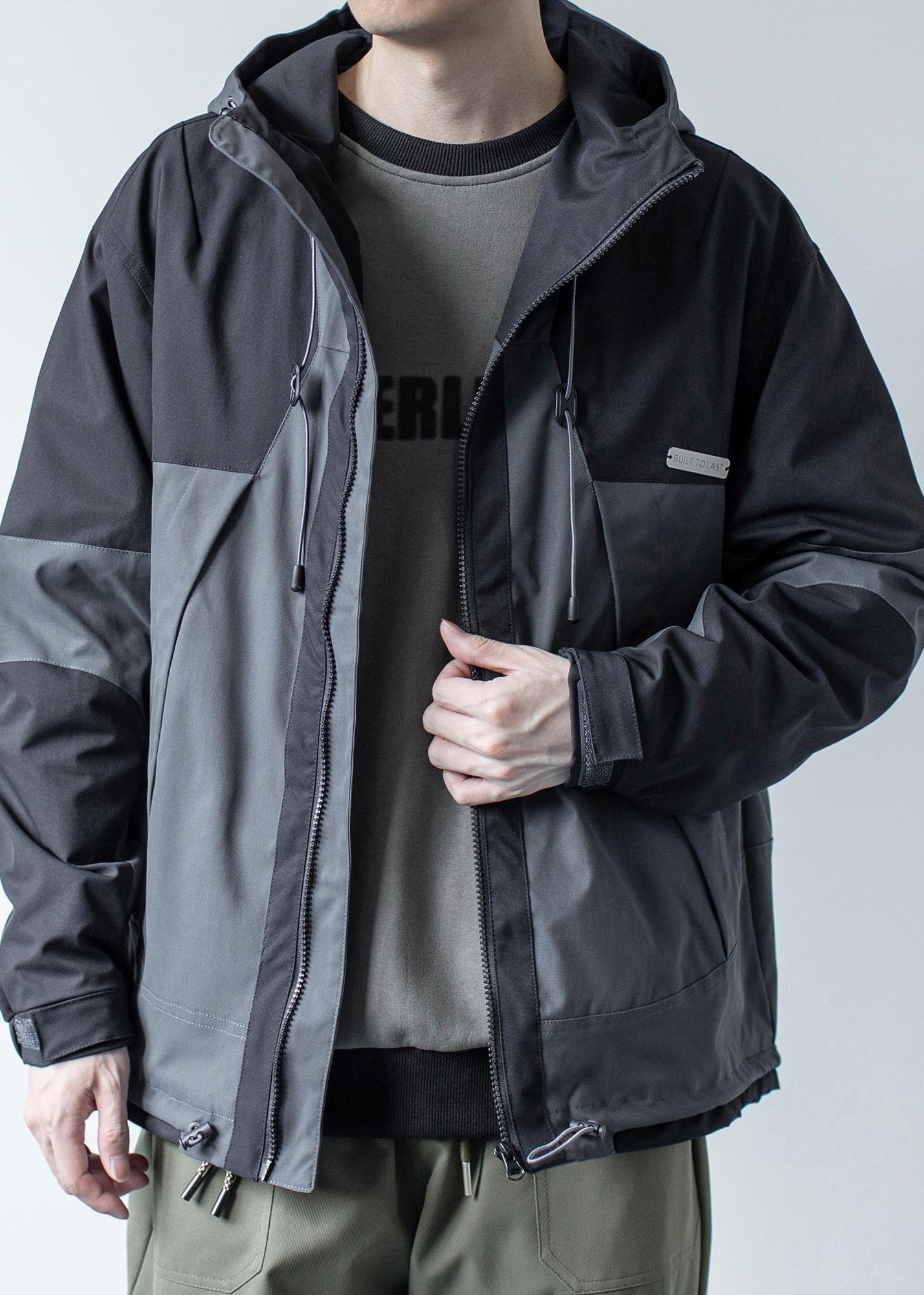 Cotton Khaki Patchwork Hooded Coat Dark Pockets Spring