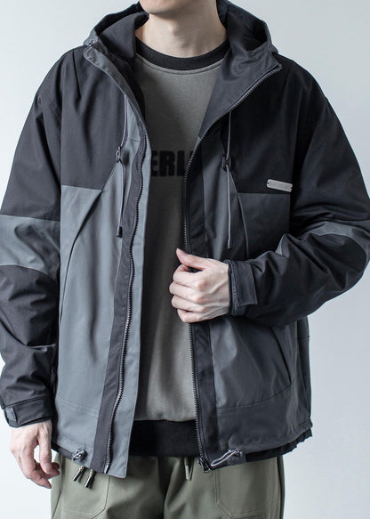 Cotton Khaki Patchwork Hooded Coat Dark Pockets Spring