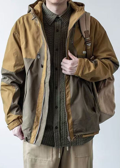Cotton Khaki Patchwork Hooded Coat Dark Pockets Spring