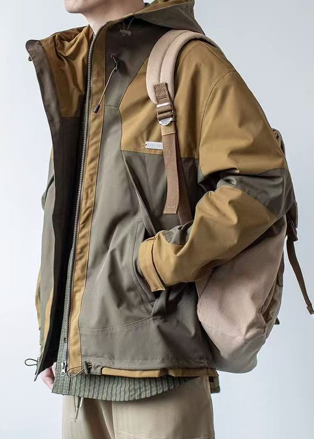 Cotton Khaki Patchwork Hooded Coat Dark Pockets Spring