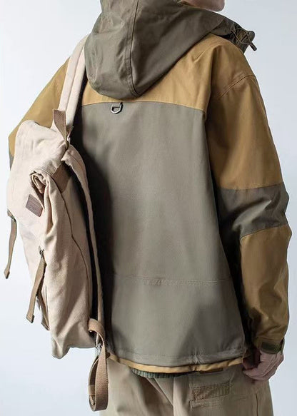 Cotton Khaki Patchwork Hooded Coat Dark Pockets Spring
