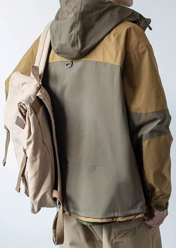 Cotton Khaki Patchwork Hooded Coat Dark Pockets Spring