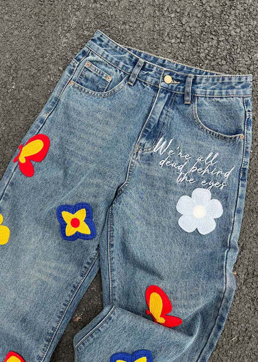 Denim Blue Embroideried High Waist Pants Sa006