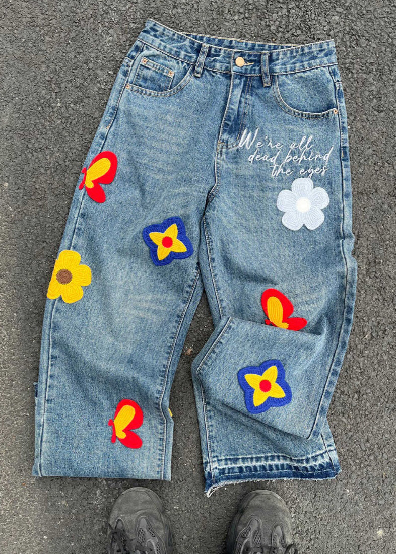 Denim Blue Embroideried High Waist Pants Sa006