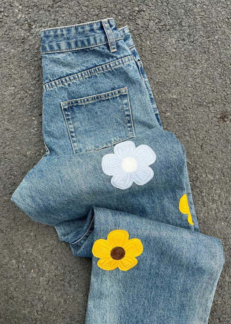 Denim Blue Embroideried High Waist Pants Sa006