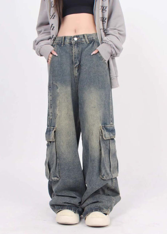 Denim Blue Patchwork Pockets Straight Pants Summer Sa031