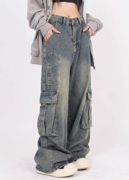 Denim Blue Patchwork Pockets Straight Pants Summer Sa031
