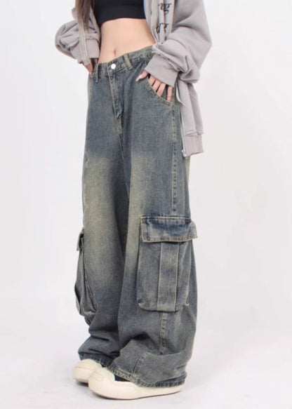 Denim Blue Patchwork Pockets Straight Pants Summer Sa031