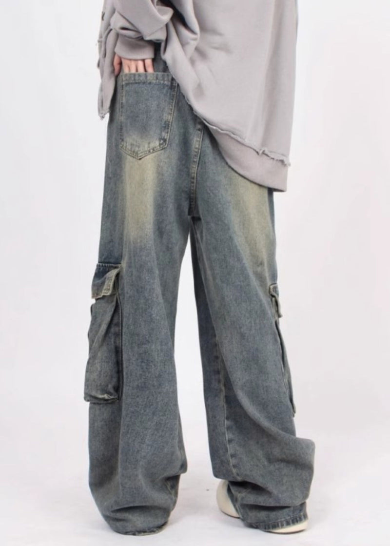 Denim Blue Patchwork Pockets Straight Pants Summer Sa031
