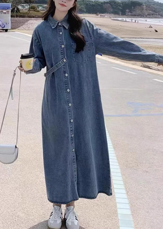 Denim Blue Peter Pan Collar Patchwork Button Long Dress Fall Rp003