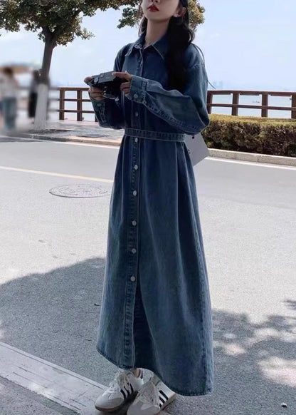 Denim Blue Peter Pan Collar Patchwork Button Long Dress Fall Rp003