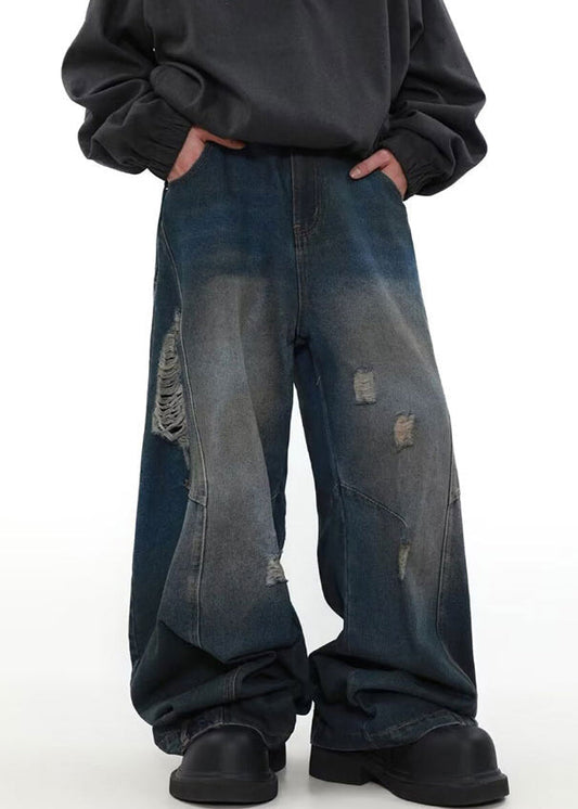 Denim Blue Pockets Patchwork Pants Summer Sa026