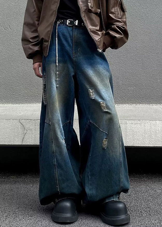 Denim Blue Pockets Patchwork Pants Summer Sa026