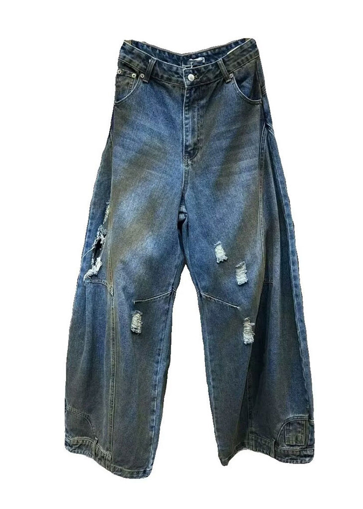 Denim Blue Pockets Patchwork Pants Summer Sa026