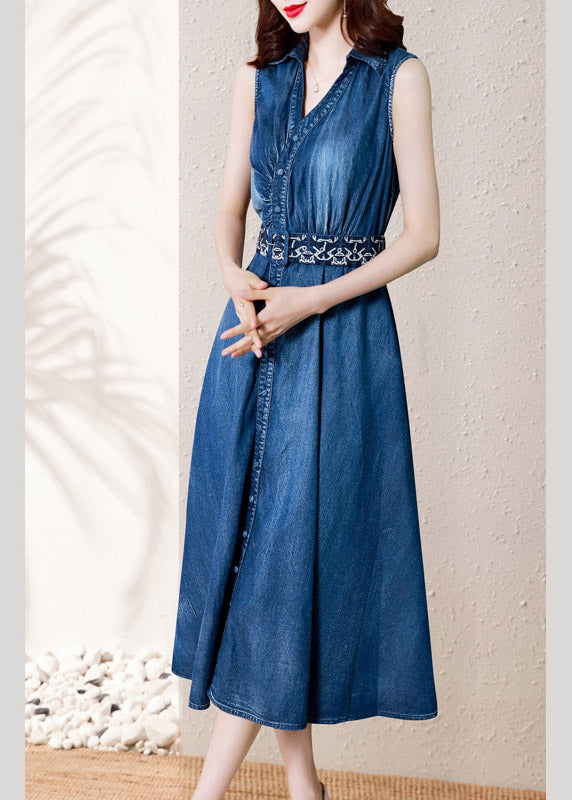 Denim Blue V Neck Button Sashes Cotton Party Long Dress Summer Ac2043