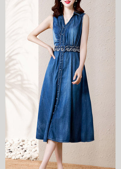 Denim Blue V Neck Button Sashes Cotton Party Long Dress Summer Ac2043