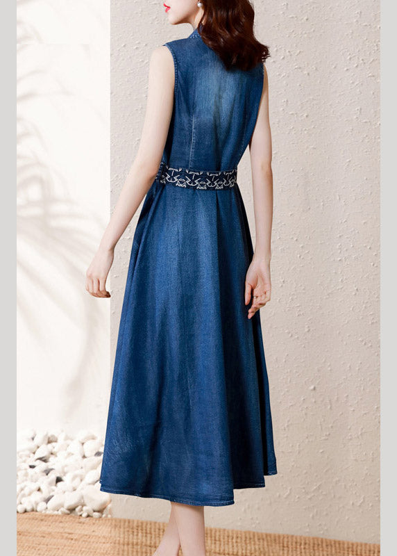Denim Blue V Neck Button Sashes Cotton Party Long Dress Summer Ac2043