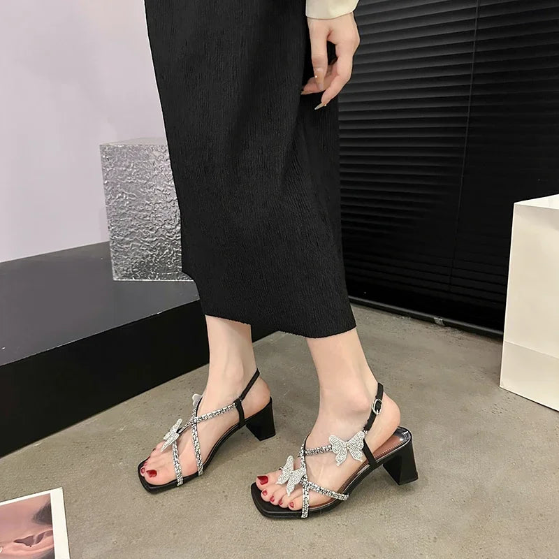 Sweet Girl Date Shoes Butterfly Rhinestone Slingback Simple Versatile Low Heel Pumps
