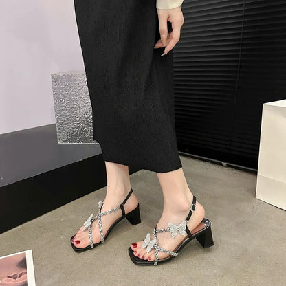 Sweet Girl Date Shoes Butterfly Rhinestone Slingback Simple Versatile Low Heel Pumps