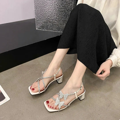 Sweet Girl Date Shoes Butterfly Rhinestone Slingback Simple Versatile Low Heel Pumps