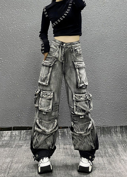 Gray Black Multi Pocket Denim Pants Autumn Ri001