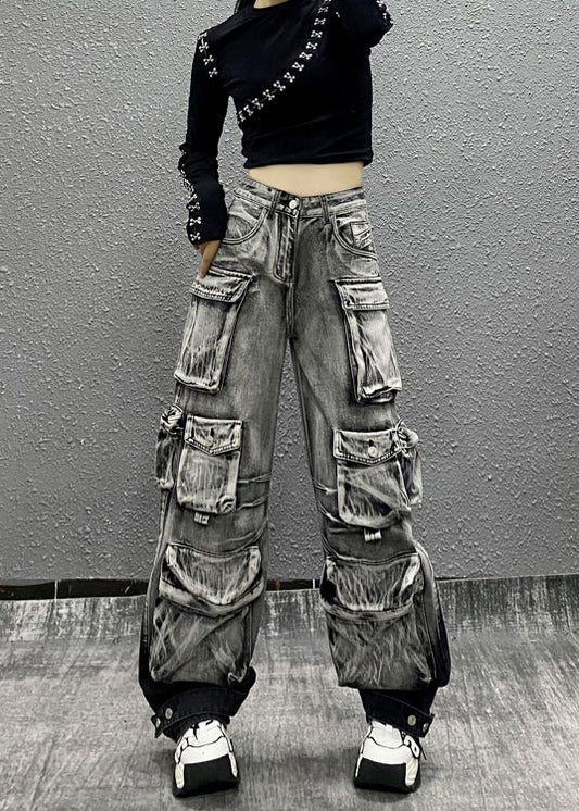 Gray Black Multi Pocket Denim Pants Autumn Ri001