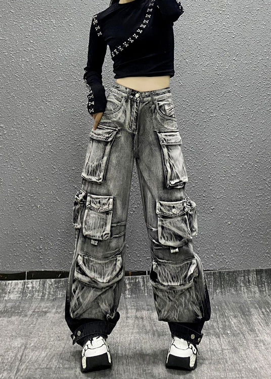 Gray Black Multi Pocket Denim Pants Autumn Ri001