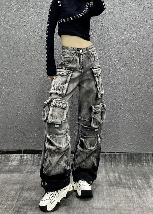 Gray Black Multi Pocket Denim Pants Autumn Ri001