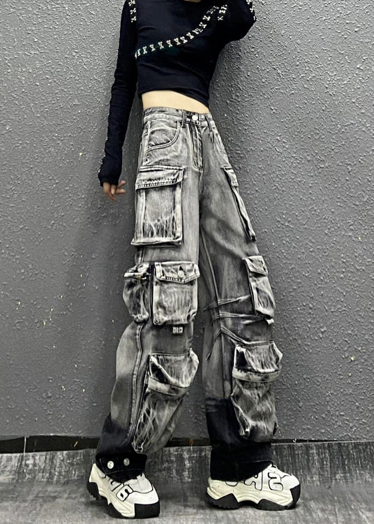 Gray Black Multi Pocket Denim Pants Autumn Ri001