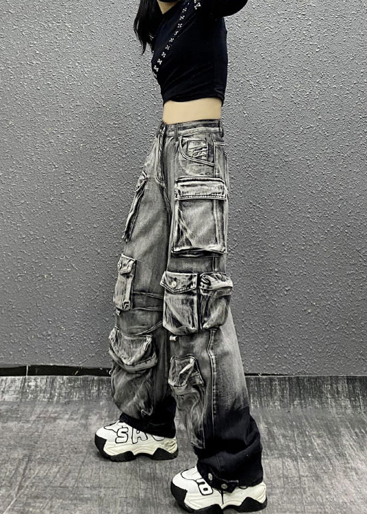Gray Black Multi Pocket Denim Pants Autumn Ri001