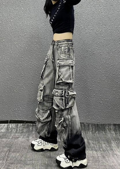 Gray Black Multi Pocket Denim Pants Autumn Ri001