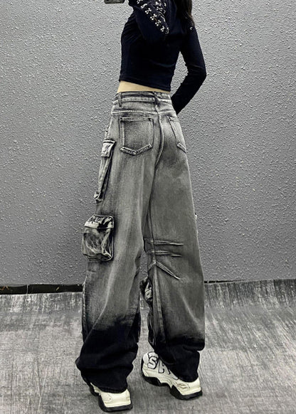 Gray Black Multi Pocket Denim Pants Autumn Ri001