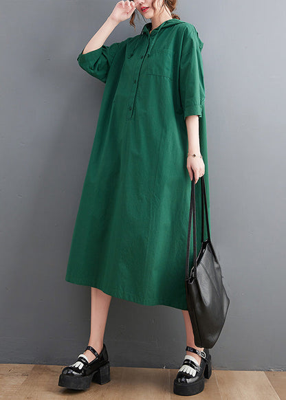 Green Button Neck Tie Cotton Hooded Long Dress Summer Ac2034
