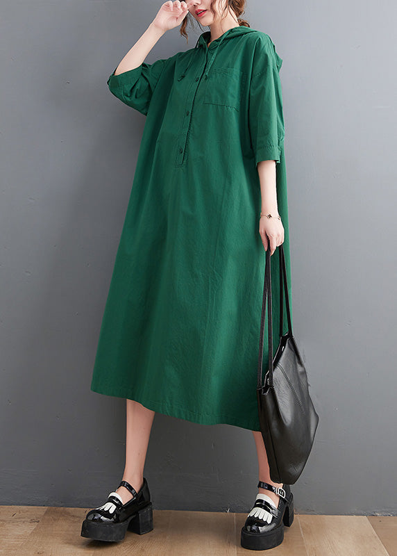 Green Button Neck Tie Cotton Hooded Long Dress Summer Ac2034