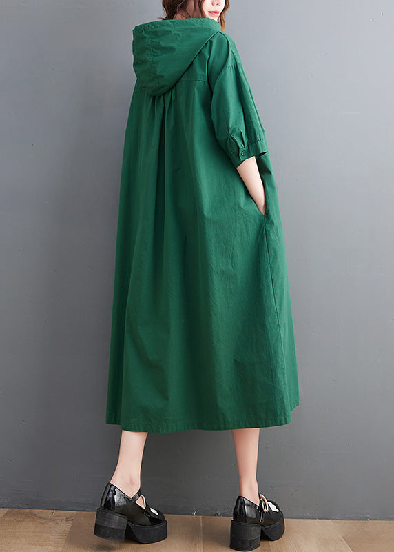 Green Button Neck Tie Cotton Hooded Long Dress Summer Ac2034