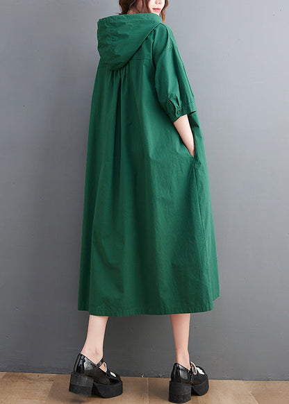 Green Button Neck Tie Cotton Hooded Long Dress Summer Ac2034
