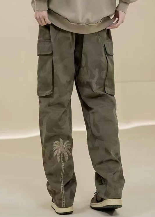Camouflage Pants Embroideried Green Pockets Cotton