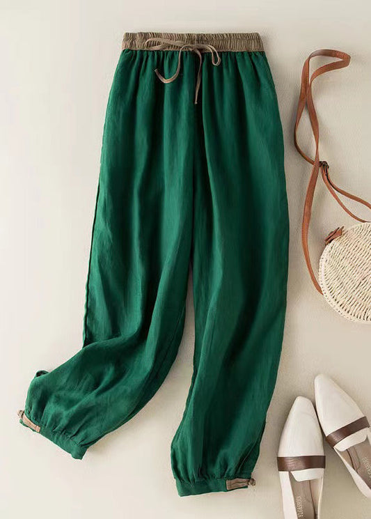Green Elastic Waist Thin Linen Crop Pants Summer Bv059