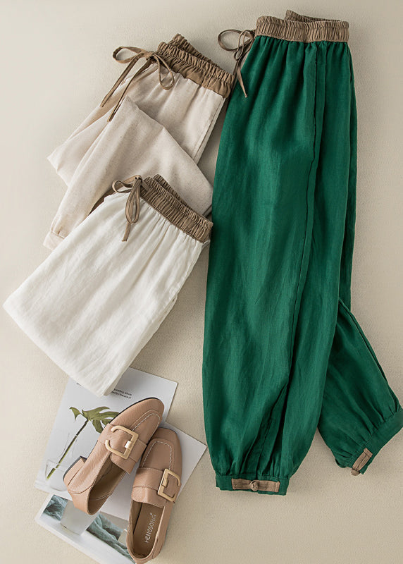 Green Elastic Waist Thin Linen Crop Pants Summer Bv059