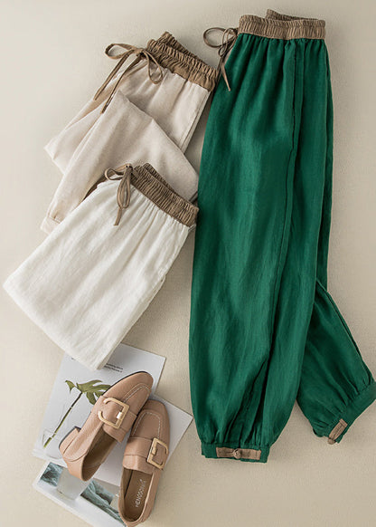 Green Elastic Waist Thin Linen Crop Pants Summer Bv059