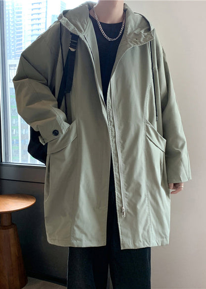 Green Hooded Zippered Pockets Cotton Coat Spring Yq015