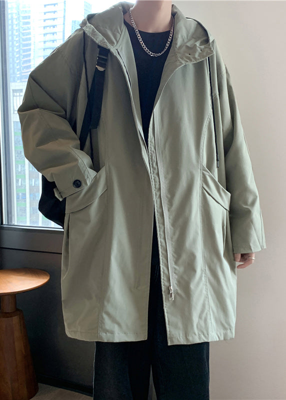 Green Hooded Zippered Pockets Cotton Coat Spring Yq015
