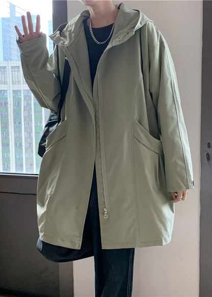 Green Hooded Zippered Pockets Cotton Coat Spring Yq015