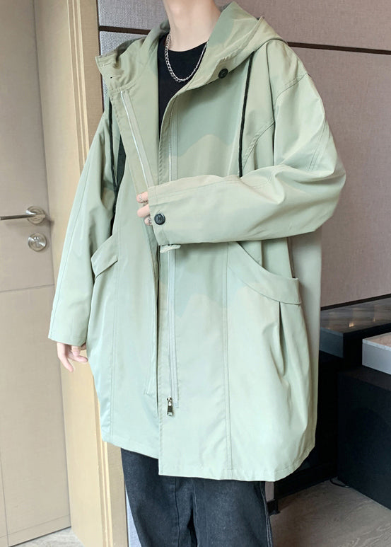 Green Hooded Zippered Pockets Cotton Coat Spring Yq015